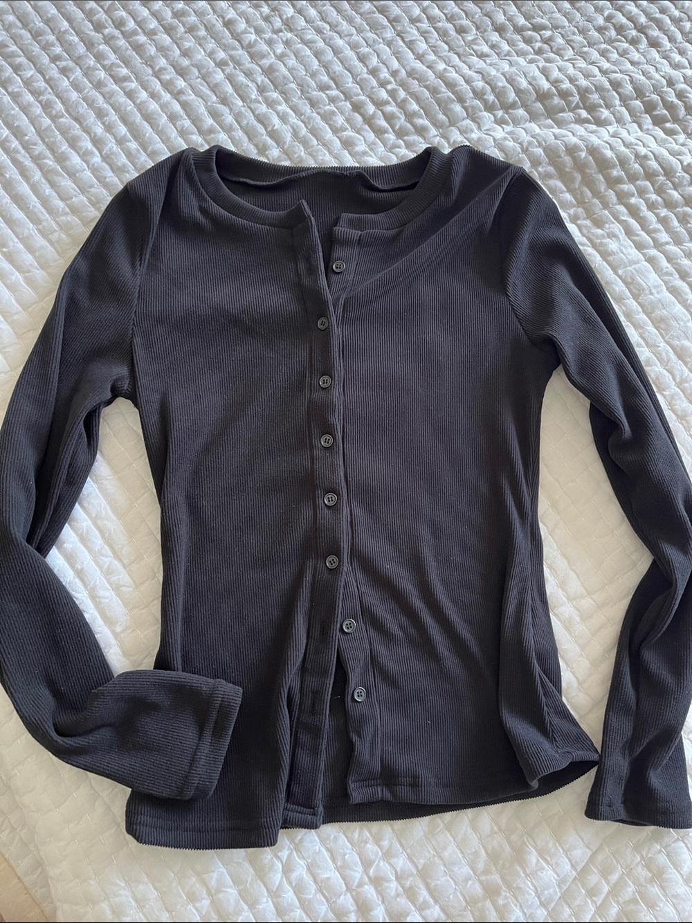 Black Ribbed Long-Sleeve Button-Front Top